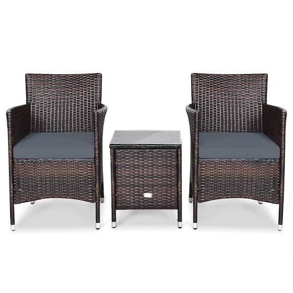 Unbranded Outdoor 3-Pieces Wicker Patio Conversation Set With Gray Cushions