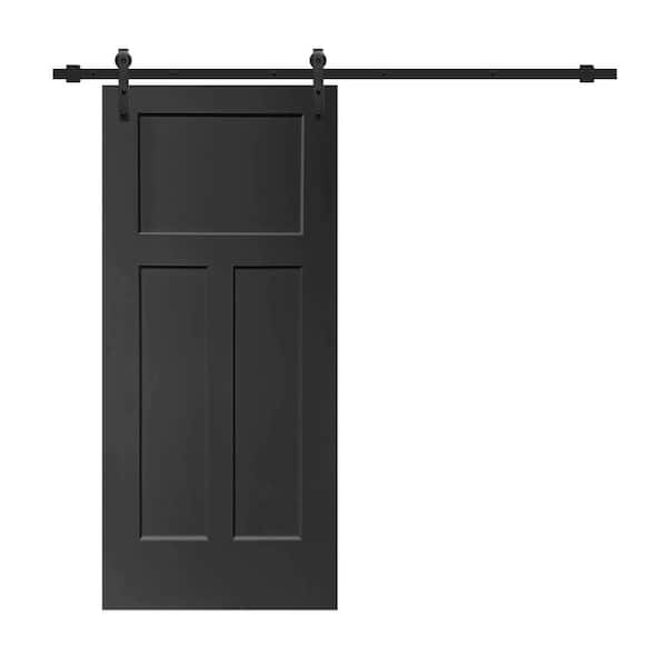 CALHOME 30 in. x 80 in. Black Stained Composite MDF 3-Panel Interior Sliding Barn Door with Hardware Kit