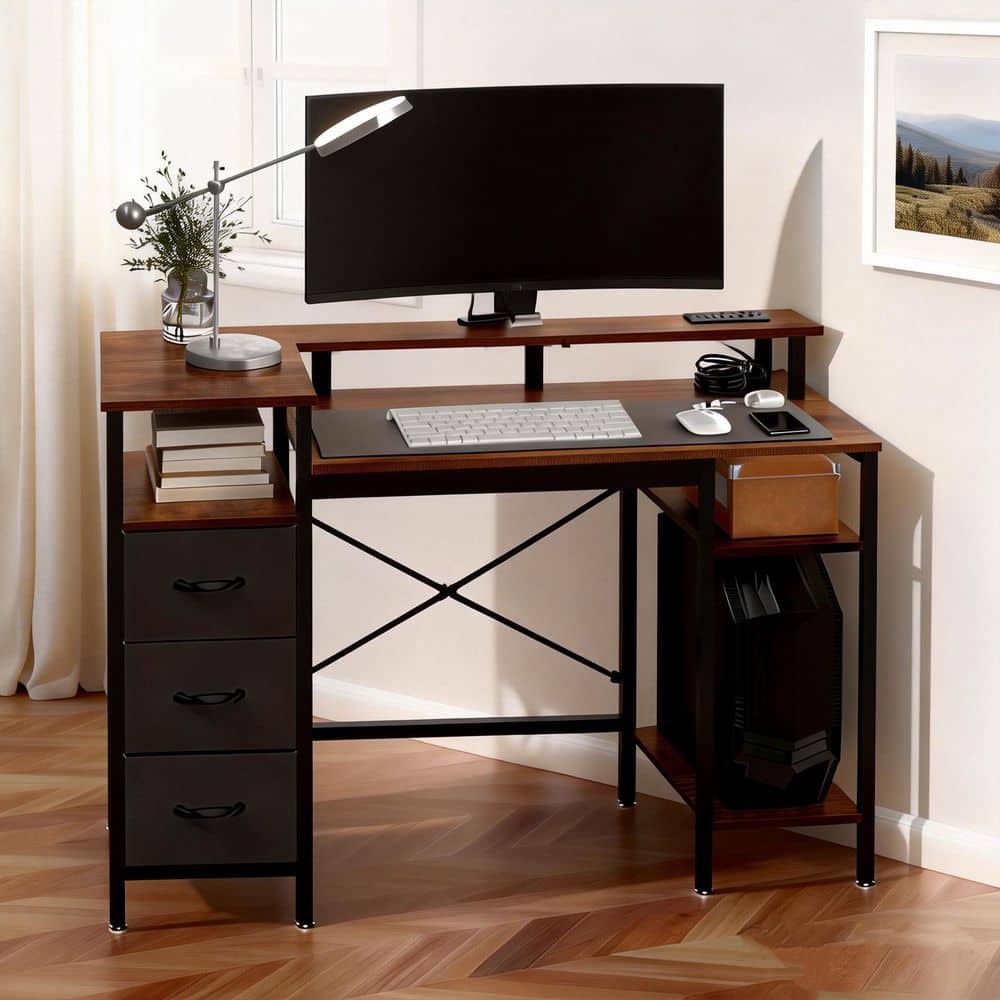 Karl home 47.2 in Rectangle Computer Brown Wood 3-Drawer Computer Desk ...