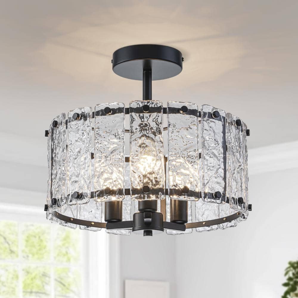 13.4 in. 3-Light Modern Black Drum Semi Flush Mount Ceiling Light with Water Ripple Glass Shade for Bedroom Dining Room price history on PriceWatchPro