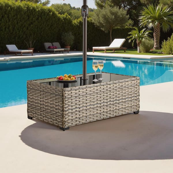 Pania PE Wicker Outdoor Coffee Table with Umbrella Hole, Tempered Glass Top