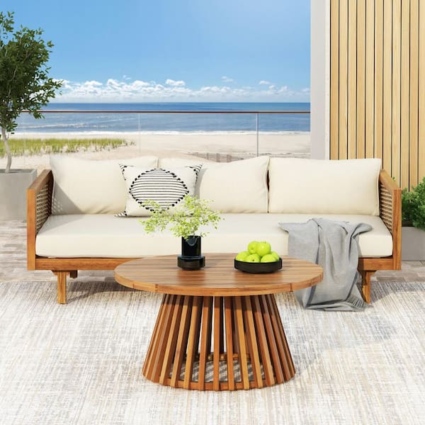 Wicker Outdoor Couch Conversation Set with Table and Beige Cushions