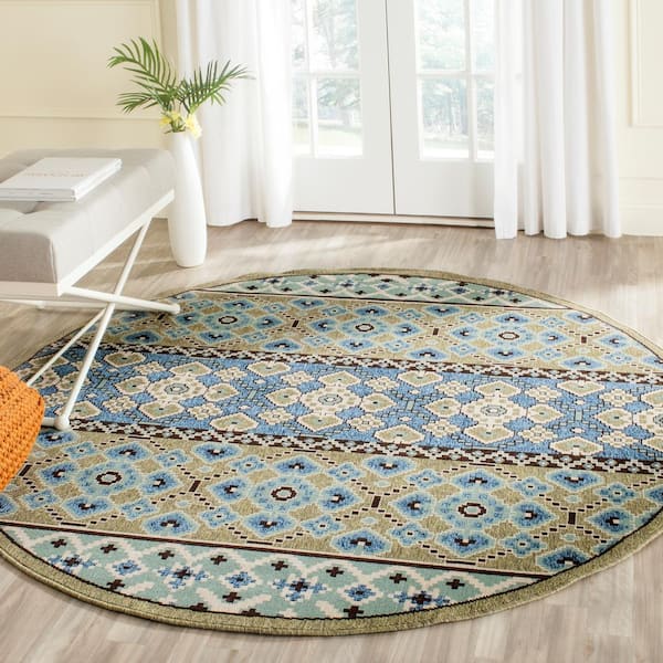 Veranda Green/Blue 7 ft. x 7 ft. Round Border Indoor/Outdoor Patio  Area Rug