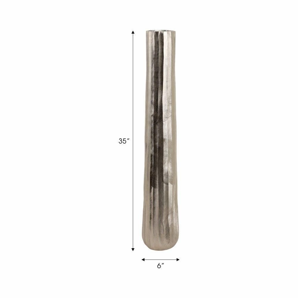 Tall Silver Etched Metal Decorative Floor Vase