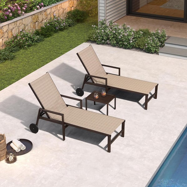 PURPLE LEAF Bronze, Aluminum Frame Outdoor Chaise Lounge Chair with Wheels and Armrests Recliner Chair, Light Borwn