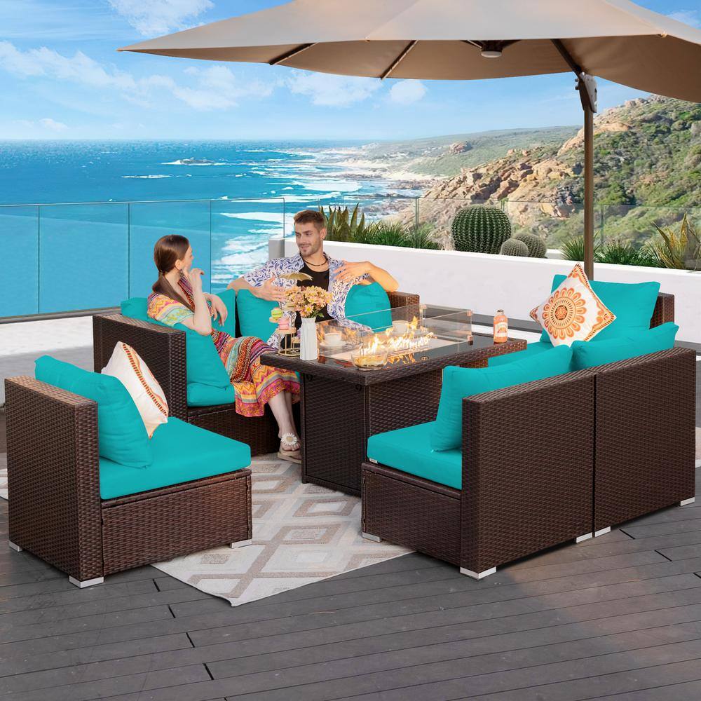 NICESOUL HighEnd 7Piece Espresso Wicker Patio Fire Pit Conversation
