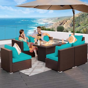 High-End 7-Piece Espresso Wicker Patio Fire Pit Conversation Sectional Deep Seating Sofa Set with Teal Cushions
