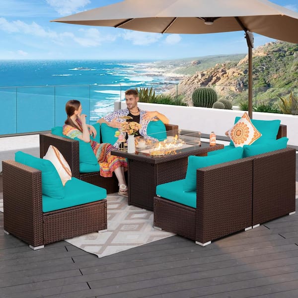 NICESOUL High-End 7-Piece Espresso Wicker Patio Fire Pit Conversation Sectional Deep Seating Sofa Set with Teal Cushions