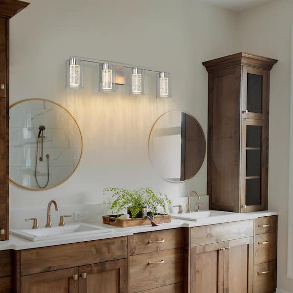 26 in. 4-Light Brushed Nickel Crystal LED Vanity Light, Integrated Bathroom Fixture with 3000K/4000K/6000K