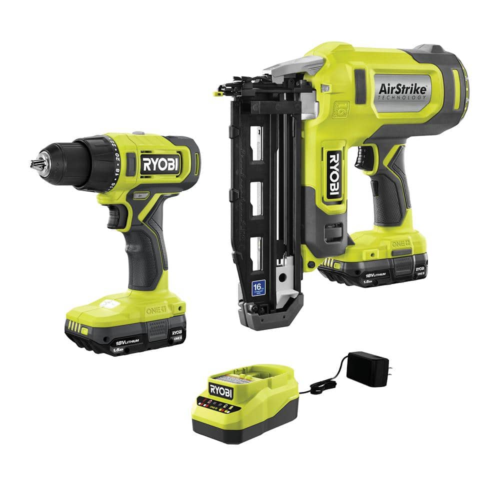 RYOBI ONE+ 18V Cordless 2-Tool Combo Kit w/ 1/2 in. Drill/Driver, 16-Gauge  Finish Nailer, (2) 1.5 Ah Batteries, and Charger P326-PCL206K2 - The Home  Depot