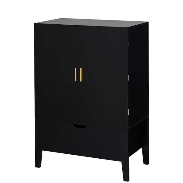Tileon 31 in. Black Wood Freestanding Wine Bar Cabinet, Sideboard Buffet Cabinet with 2 Drawers, Wine Rack and Glass Holder