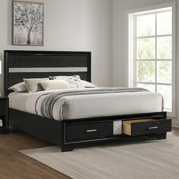Benjara Black and Silver Wooden Frame Queen Platform Bed with Glitter Stripe