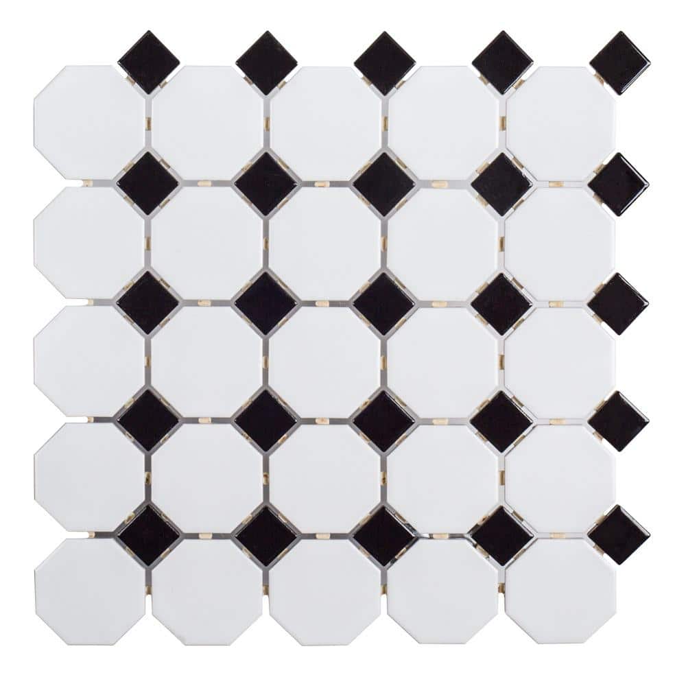 Jeffrey Court Retro Octagon Black Dot 11 1 2 In X 11 1 2 In X 6 Mm Porcelain Mosaic Floor And Wall Tile 96026 The Home Depot