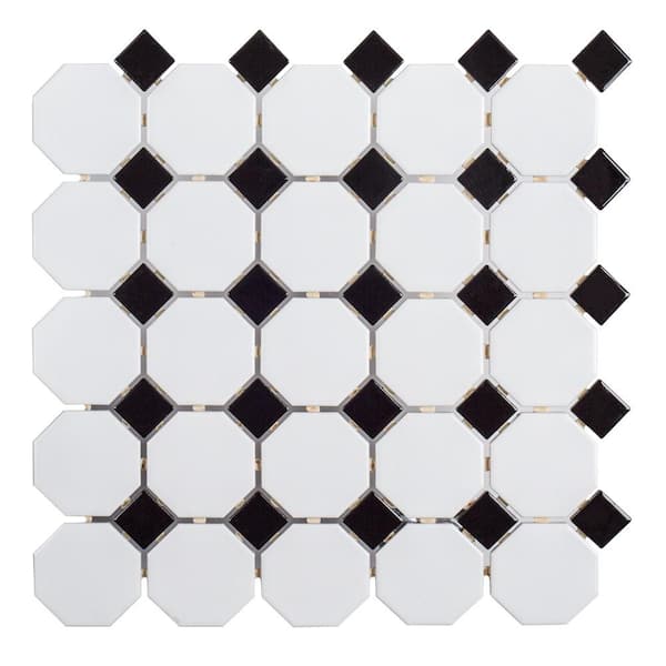 Jeffrey Court Retro Octagon Black Dot 11-1/2 in. x 11-1/2 in. x 6 mm Porcelain Mosaic Floor and Wall Tile