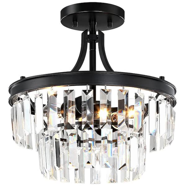 TRUE FINE Dalton 13 in. 2-Light Black Semi-Flush Mount Ceiling Light with Crystal Drops