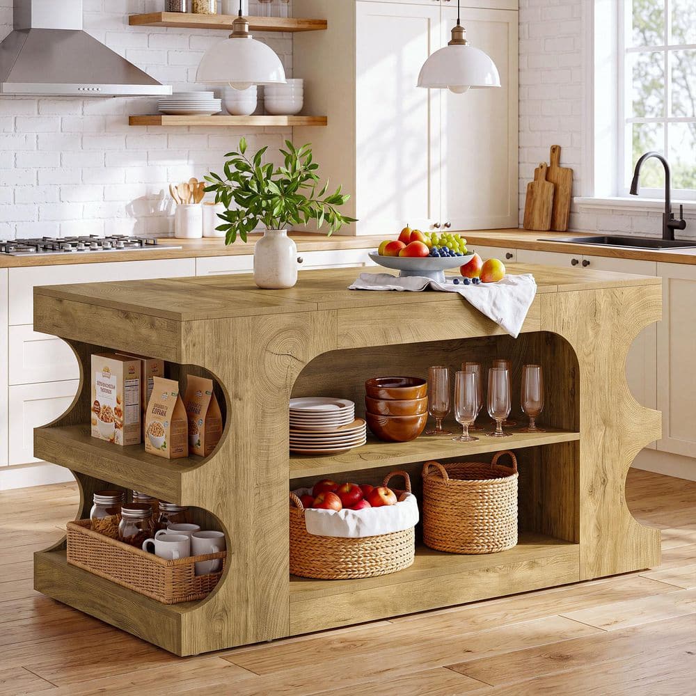 Brown Enginee Wood 63in. Kitchen Island with Double-Side Open Storage, Multi-Level Freestanding Kitchen Workstation