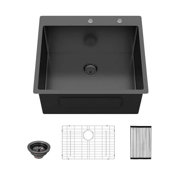 25 in. Drop-in Single Bowl 16-Gauge Gunmetal Black Stainless Steel Laundry/Utility Sink with Drain