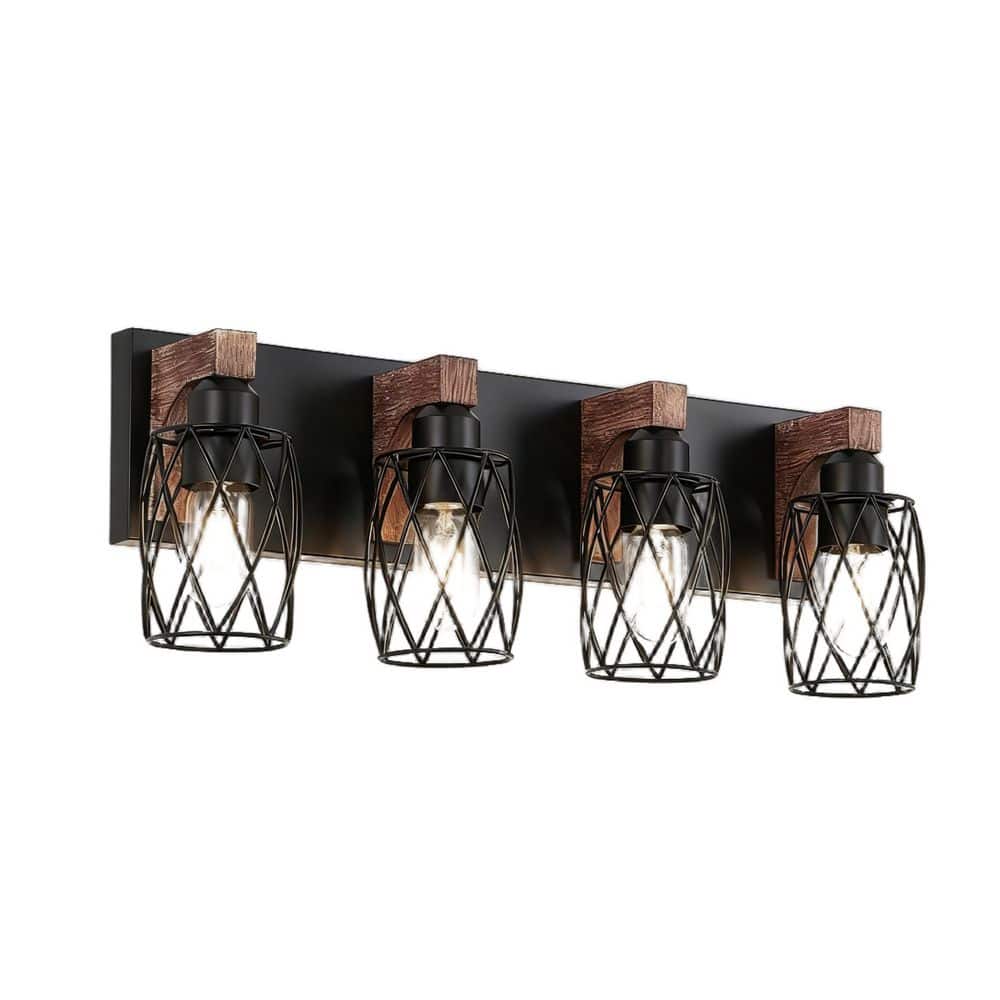 24 in. 4-Light Black Vanity Light Fixture Bathroom Over Mirror Wall Lights with Black Cage and Wooden Accents price history on PriceWatchPro