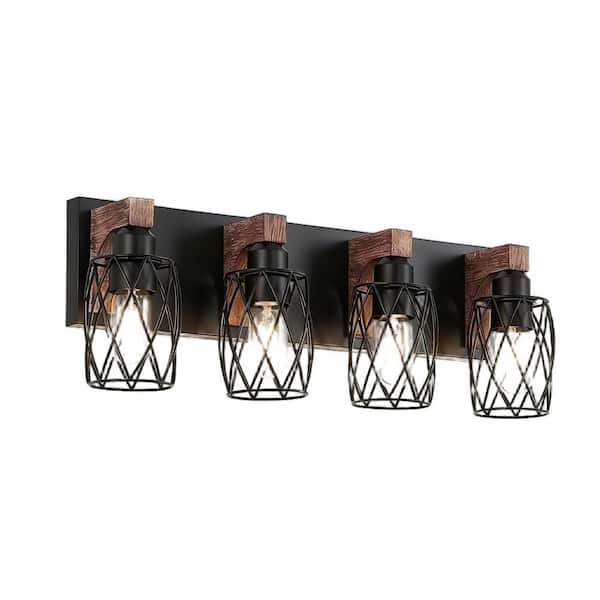 24 in. 4-Light Black Vanity Light Fixture Bathroom Over Mirror Wall Lights with Black Cage and Wooden Accents