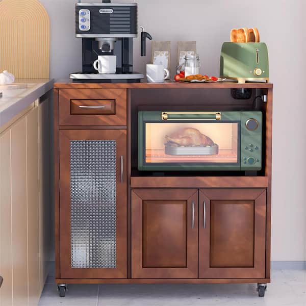 Microwave & Mini Fridge Cart, Kitchen Storage Cart with 4 casters
