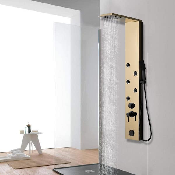 5-Jet Rainfall Shower Panel System with Rainfall Waterfall Shower Head and Shower Wand in Black Gold