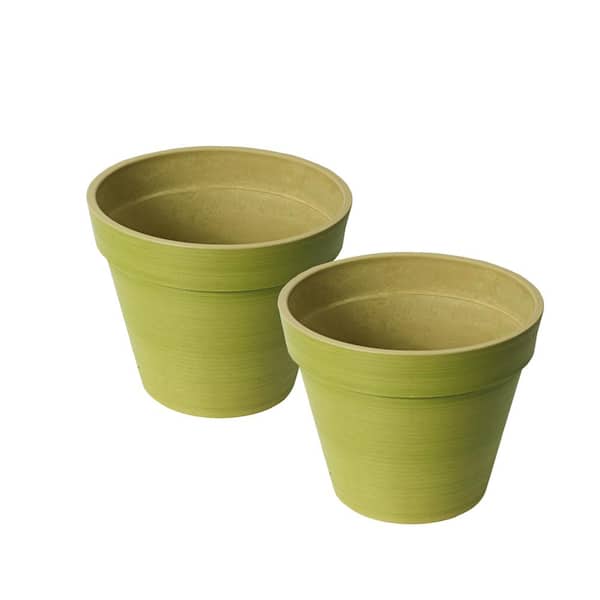 Algreen Valencia 10 in. Round Banded Spun Green Polystone Planter (2-Pack)