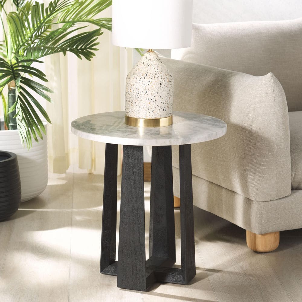 Trenton 20 in. White/Black Round Marble End Table