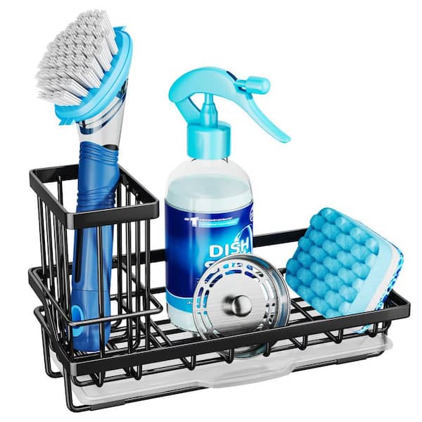 Black 304 Stainless Steel Kitchen Sink Sponge Holder Organizer with Removable Drip Tray and Anti-Slip Pads