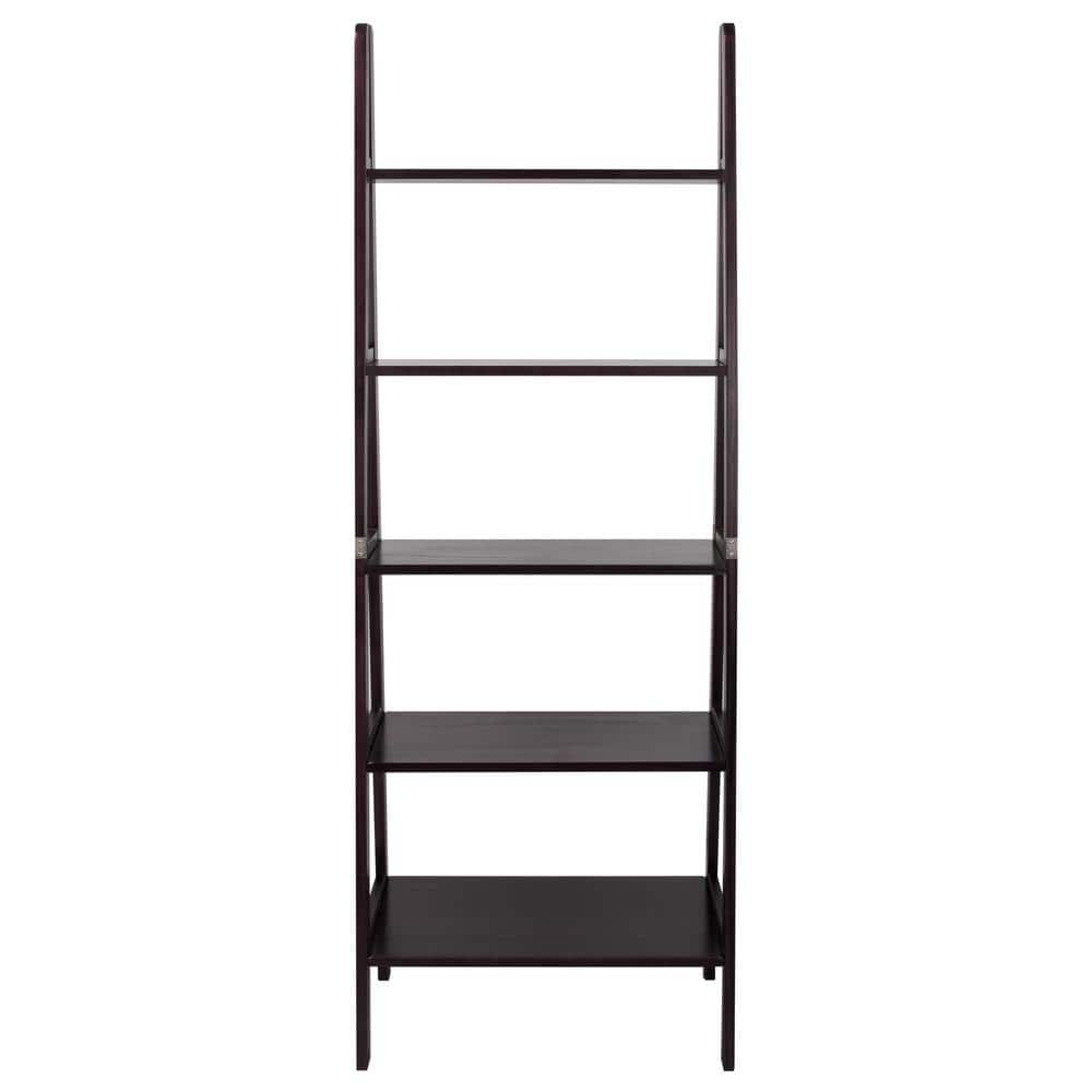 Espresso Solid Wood Adjustable 5-Shelf Ladder Bookcase