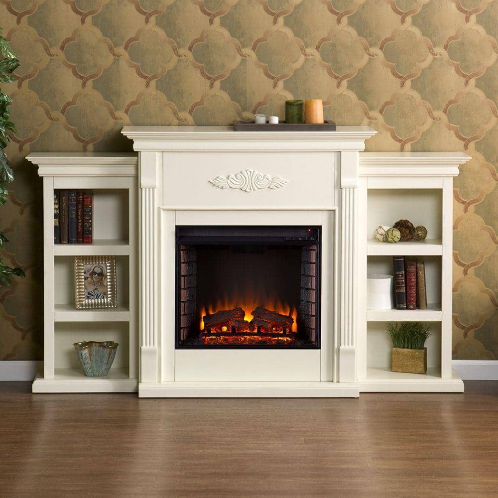 Southern Enterprises Jackson 70.25 in. Freestanding Electric Fireplace in Ivory with Bookcases -  HD9137