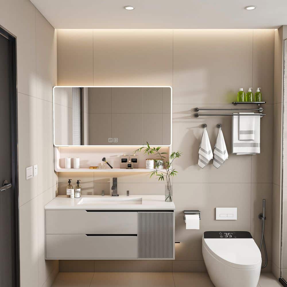 35 in. W x 28 in. H LED Rectangular Aluminium Surface Mount Medicine Cabinet with Mirror in Khaki price history on PriceWatchPro