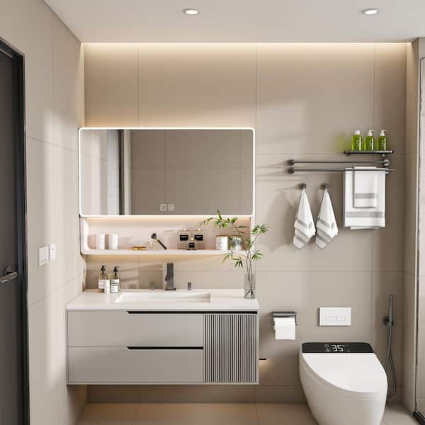 35 in. W x 28 in. H LED Rectangular Aluminium Surface Mount Medicine Cabinet with Mirror in Khaki