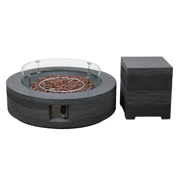 42 in. 50000BTU Outdoor Dark Gray Round Magnesium Oxide Fire Pit Table with Glass Cover and Propane Tank Cover