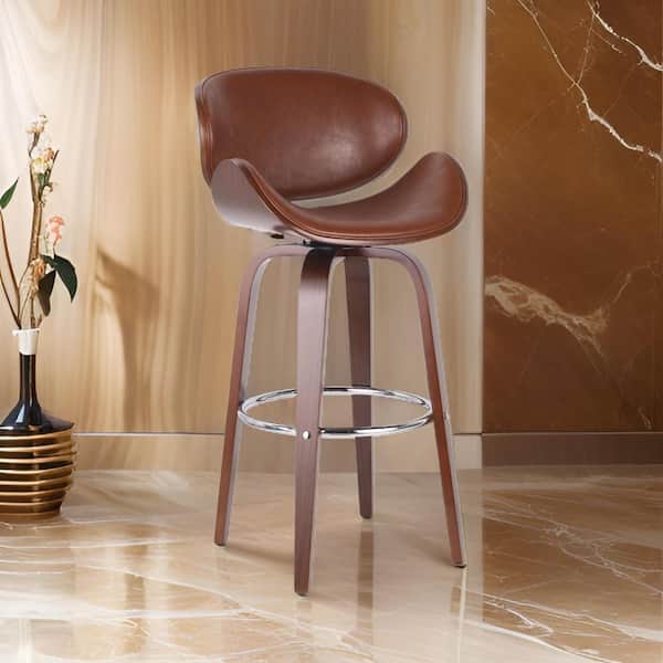 Benjara Zaine Swivel Brown and Chrome Wood Frame Barstool Chair Zaine Swivel with Cushion