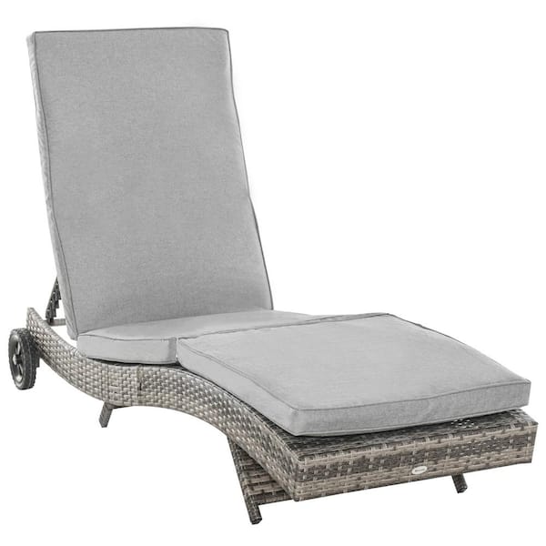 Sudzendf PE Wicker Cushioned Patio Outdoor Chaise Lounge Pool Chair with Adjustable Backrest and Wheels and Gray Cushions