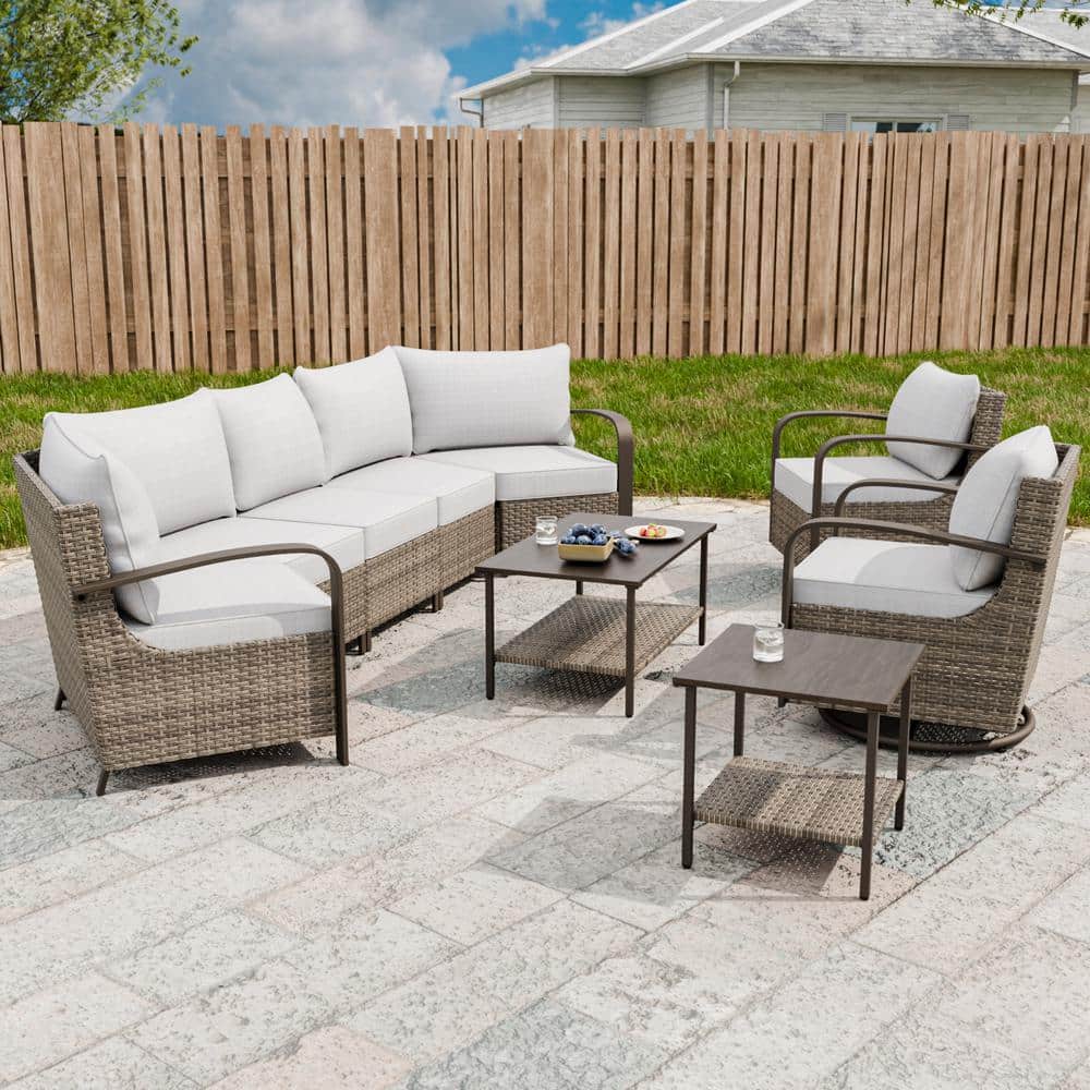 Beige 7-Person Wicker Patio Sectional Sofa Set with Swivel Chairs