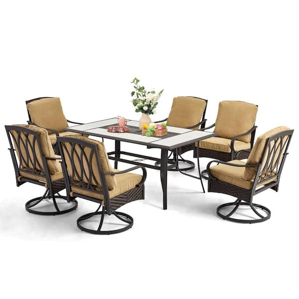 Erommy 7 Piece Metal Outdoor Dining Set With Khaki Cushion Patio Table And 6 Swivel Rocker 