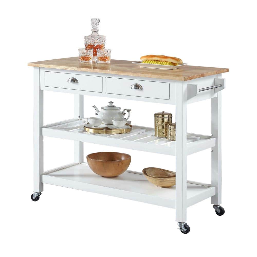 Transitional Butcher Block Kitchen Cart with Wine Storage - White & Natural