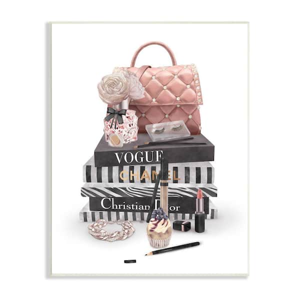 Stupell Industries Fashion Bookstack Purse Perfume Pink Glam Design 13x19 Oversized Wall Plaque Art