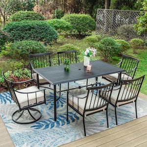 Black 7-Piece Metal Patio Outdoor Dining Set with Slat Table-top and Swivel Chairs with Beige Cushion