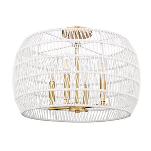Ellie 19 in. 4-Light Modern Brushed Gold and Bleached White Raphia Rope Semi-Flush Mount