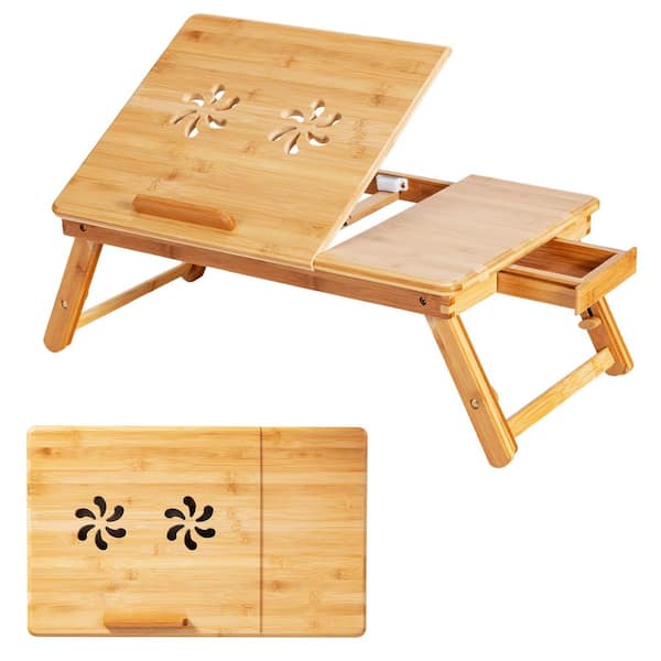 21 in. W Bamboo Laptop Desk Adjustable Folding Bed Tray with Drawer Heat Dissipation