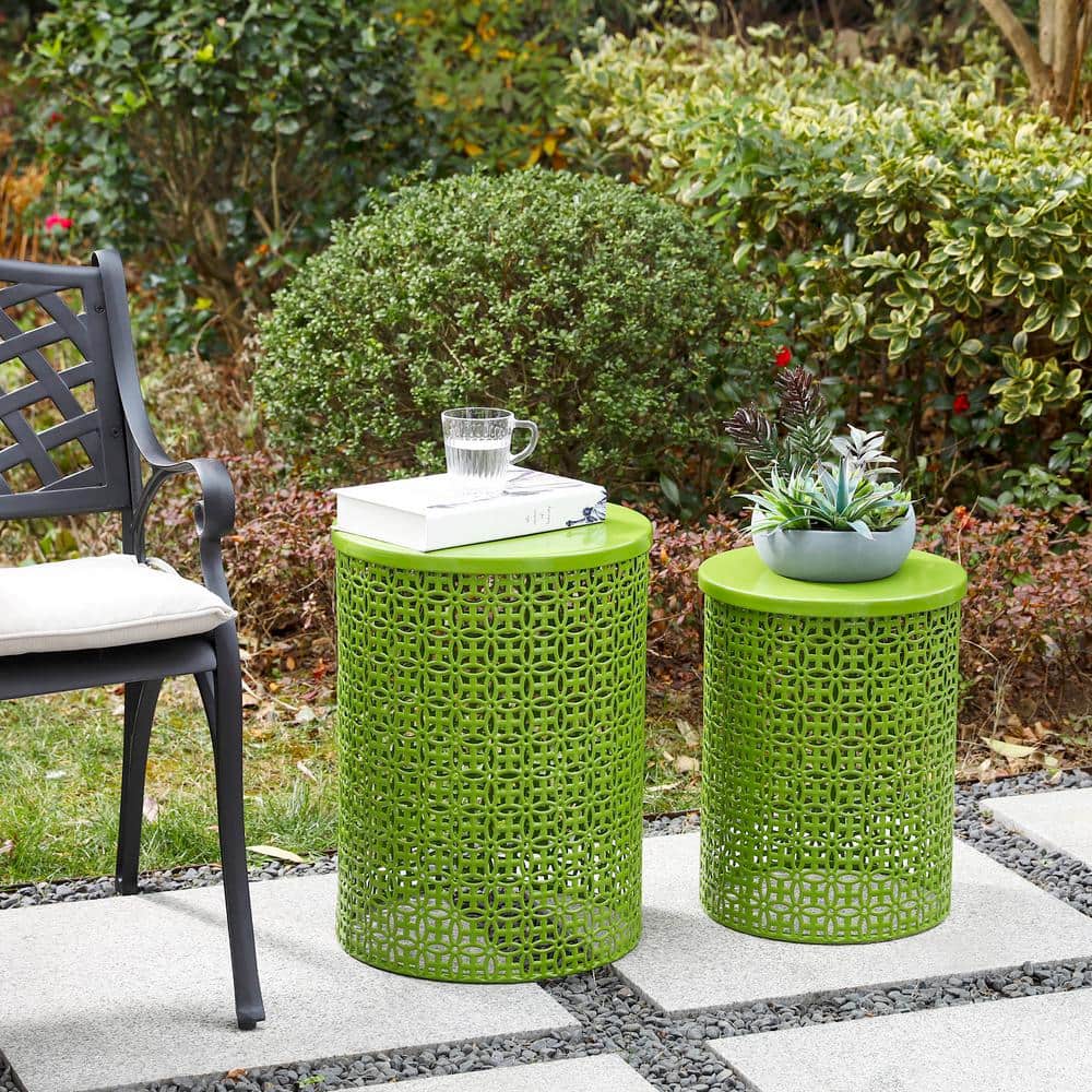 Green Metal Garden Stool Set with Cut-Out Design, 2-Piece