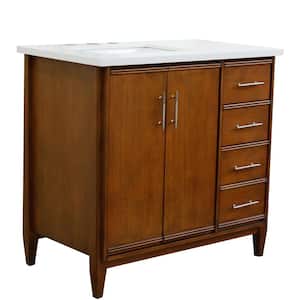 37 in. W x 22 in. D Single Bath Vanity in Walnut with Quartz Vanity Top in White with Left White Rectangle Basin