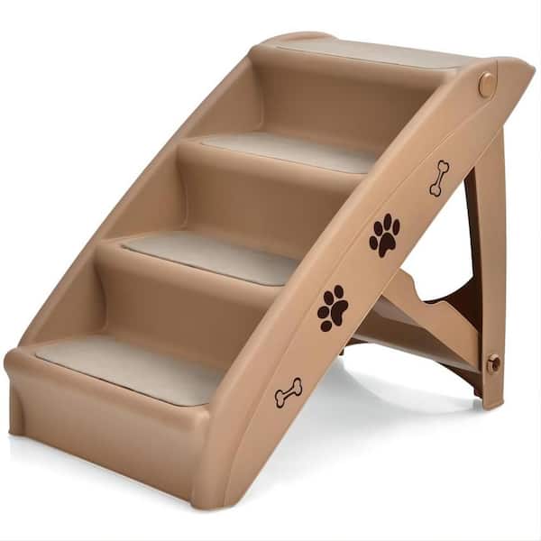 FORCLOVER 4-Step Coffee Foldable Plastic Pet Stairs with Felt Pad Furniture Cover