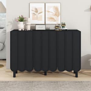 Black Minimalist Shoe Storage Cabinet with Solid Wood Legs, Adjustable Shelves, Sideboard Buffet Cabinet with Wave Doors