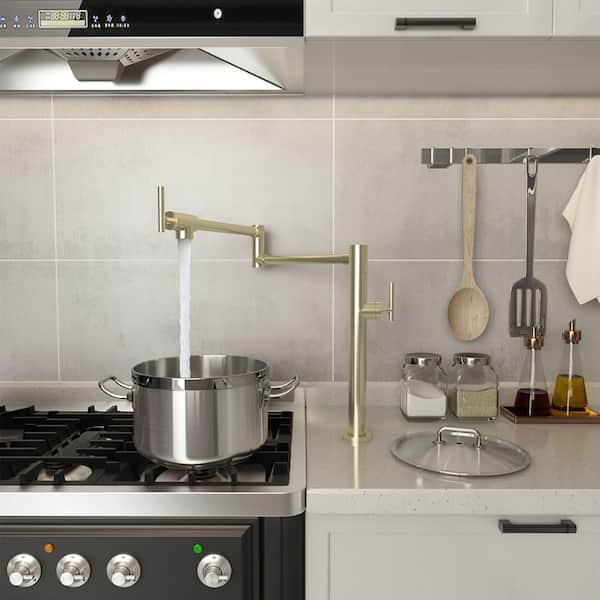 Single Hole 2-Handles Pot Filler Deck Mount Kitchen Pot Filler Faucet with Accessories in Gold