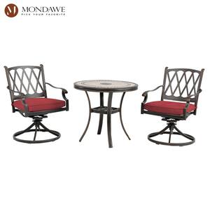 3-Piece Cast Aluminum Outdoor Dining Set Round Tile-Top Table Diamond-Mesh Backrest Swivel Chairs with Red Cushions