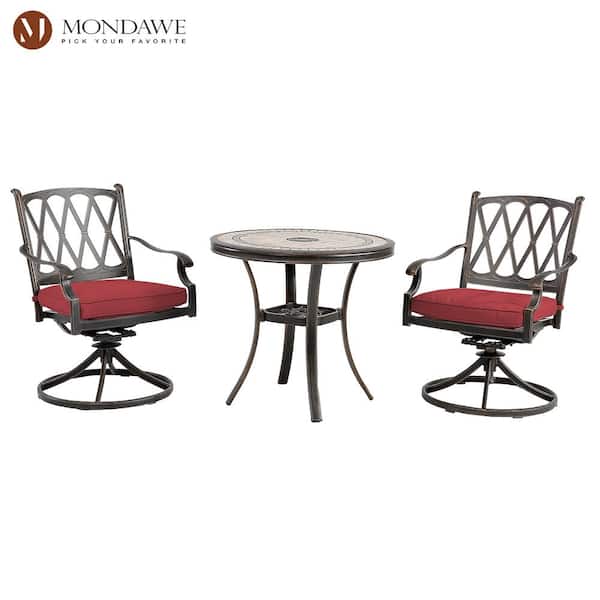Mondawe 3-Piece Cast Aluminum Outdoor Dining Set Round Tile-Top Table Diamond-Mesh Backrest Swivel Chairs with Red Cushions