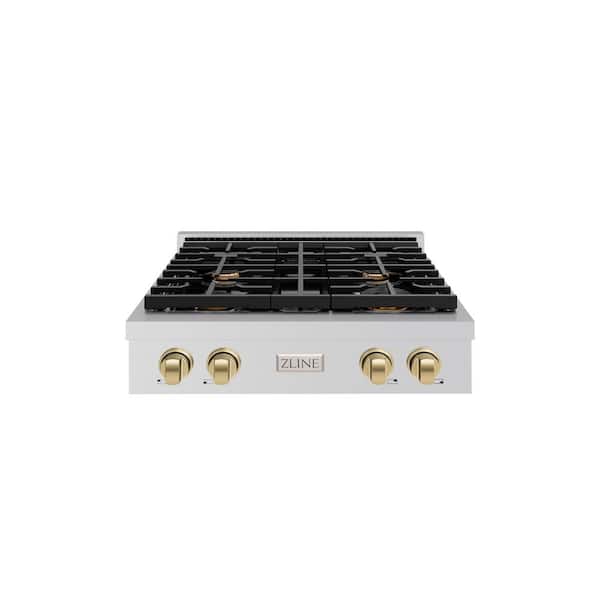 ZLINE Kitchen and Bath Autograph Edition Paramount 30 in. 4-Burner Porcelain Cooktop in Stainless Steel with Champagne Bronze Accents